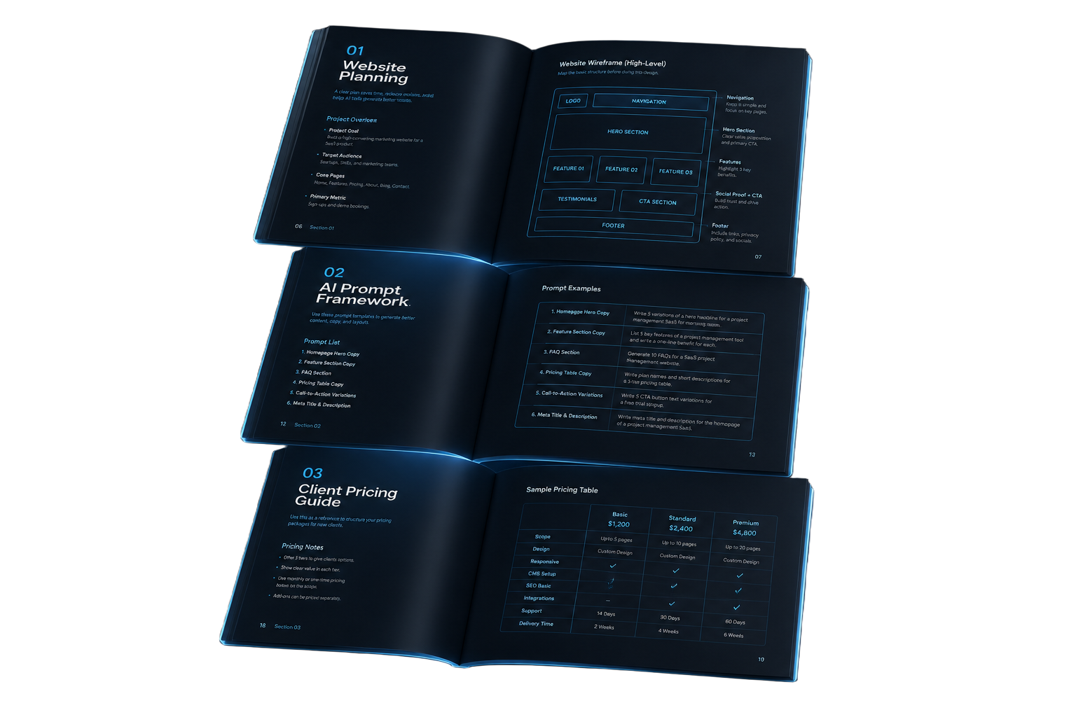 Sample interior spreads from the eBook: website planning, AI prompt framework and client pricing guide